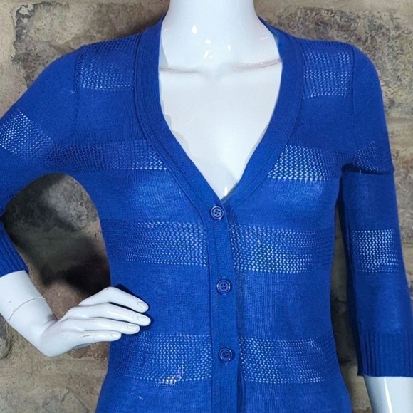 T/O Blue Cardigan Sweater Sheer Striped‎ 3/4 Sleeve Y2K Woman's Size Small - Picture 2 of 11